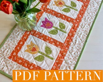 PDF Tulip Garden Quilted Table Runner, spring applique kitchen linen