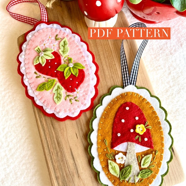 PDF sewing pattern mushroom strawberry felt ornament. Applique embroidery pattern