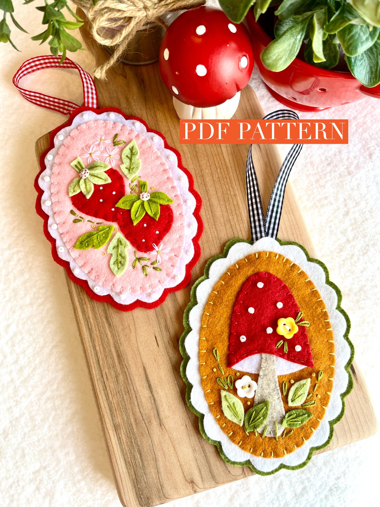 PDF Schnittmuster Pilz Erdbeere Filz Ornament. Applikation Stickmuster