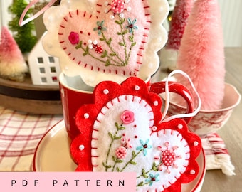 Embroidered Felt Hearts PDF Pattern, DIY Heart Ornaments