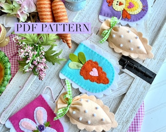 PDF scalloped Easter bunting felt sewing pattern spring garland banner purple pink bunny