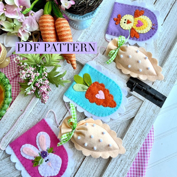 PDF scalloped Easter bunting felt sewing pattern spring garland banner purple pink bunny