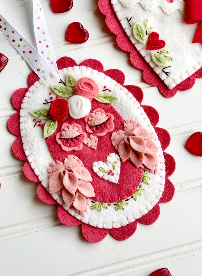 PDF Sweet Valentina felt ornament, owl pink and red love note felt craft, embroidery felt pattern Valentine's image 4