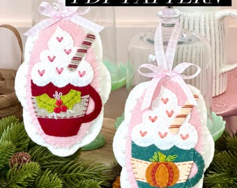 Felt ornament sewing pattern PDF Christmas and fall , hot cocoa and pumpkin