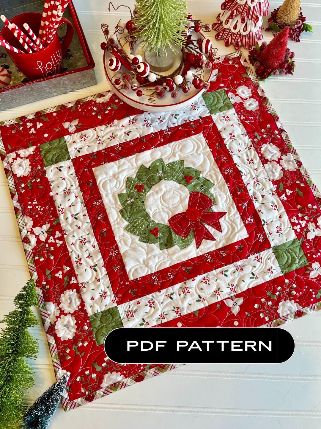 Christmas Table Topper Sewing Pattern, Berries and Wreath Applique (PDF ...