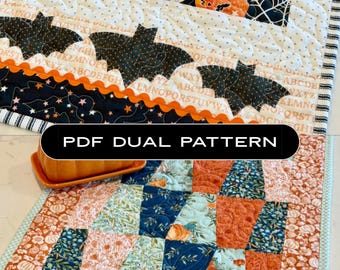 Fall Pumpkin Bat Table Runner Sewing Pattern, Applique Quilted Kitchen Linen (PDF Download)