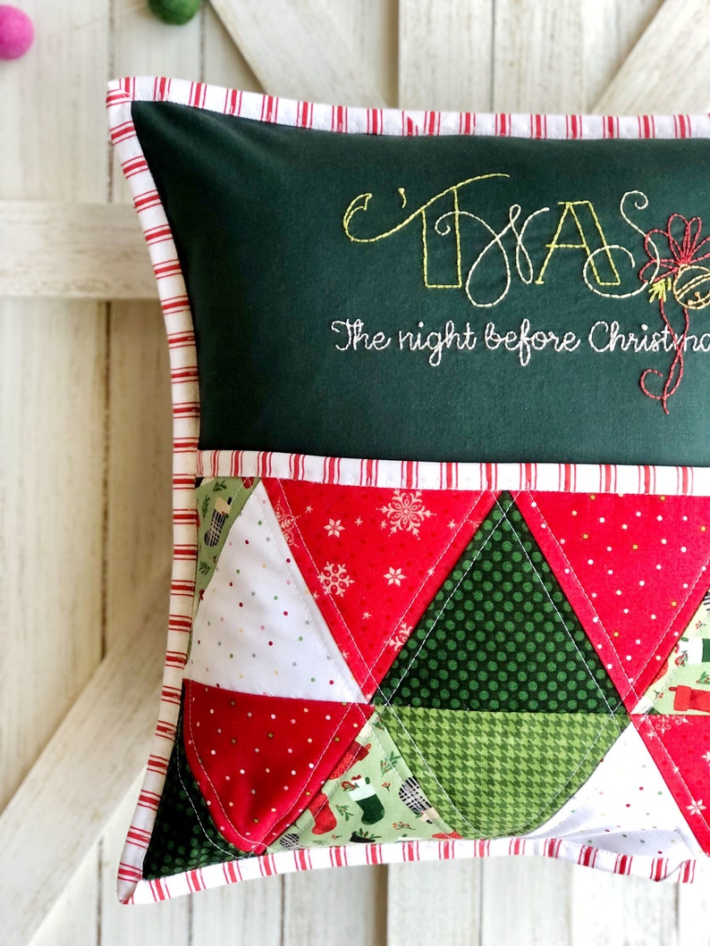 Pdf Christmas pillow pattern, Twas the night pillow, pillow pocket to hold books and cards, green and red quilted decorative pillow pattern image 5