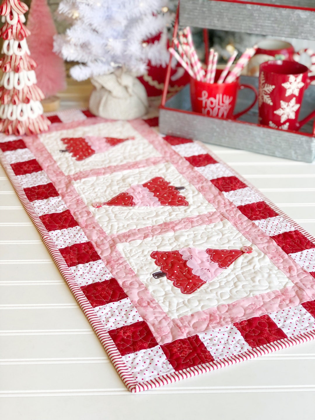 PDF Christmas Tablerunner Sewing Pattern, Peppermint Red White Pink ...