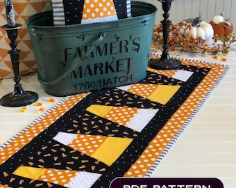 Halloween fabric table runner PDF pattern, candy corn yellow orange black pink quilted sewing