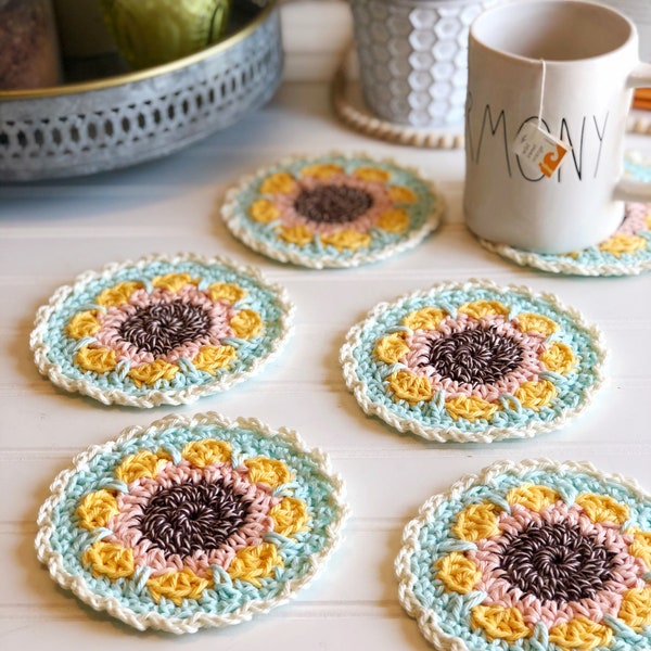 PDF Sunflower Yellow Crochet Coaster Pattern, crochet coaster, mug rug crochet