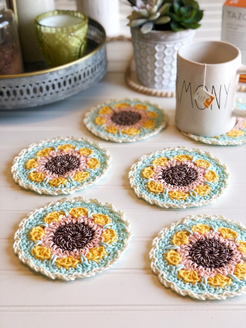 PDF Sunflower Yellow Crochet Coaster Pattern, crochet coaster, mug rug crochet image 1