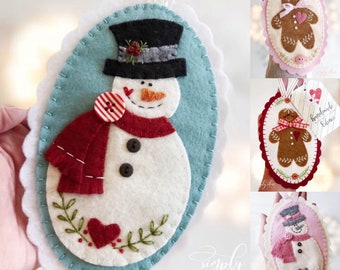 PDF Christmas felt ornaments pattern snowman gingerbread, instant download, Burrt and Ginger