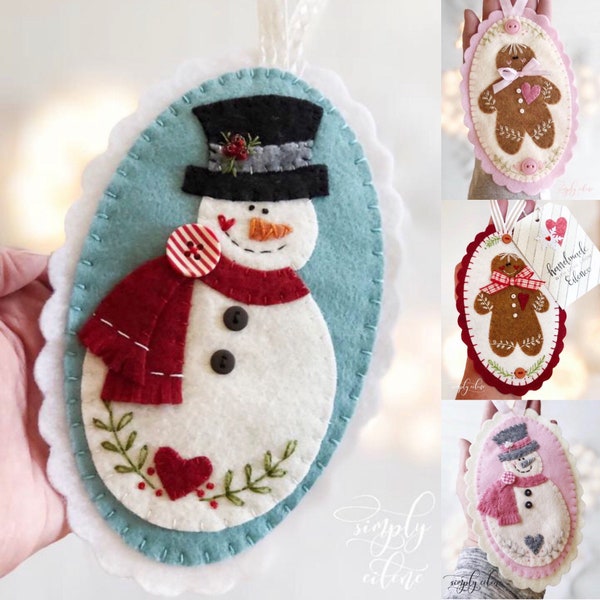 PDF Christmas felt ornaments pattern snowman gingerbread, instant download, Burrt and Ginger