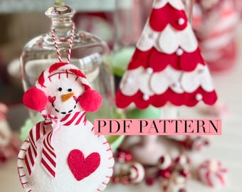 PDF Peppermint Snow Lane felt ornament sewing pattern, snowman tree red and white striped