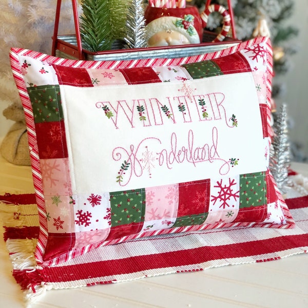 PDF PATTERN Winter wonderland peppermint embroidered pillow, christmas pillow, pink scrappy sewing pattern