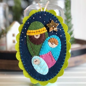 PDF PATTERN for Nativity felt Christmas ornament embroidered blue green gold star sewing pattern