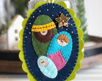 PDF PATTERN for Nativity felt Christmas ornament embroidered blue green gold star sewing pattern