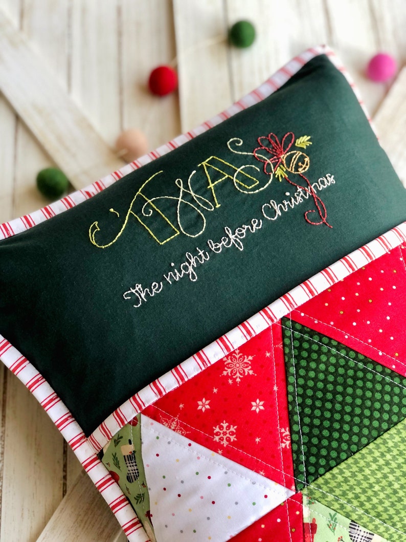 Pdf Christmas pillow pattern, Twas the night pillow, pillow pocket to hold books and cards, green and red quilted decorative pillow pattern image 3