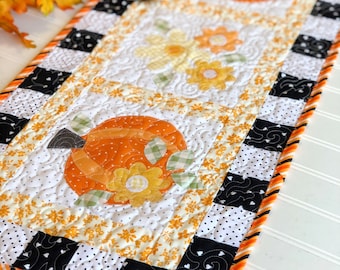 PDF Pumpkins in the Patch Table runner pattern, quilted applique fall table linen orange black and white