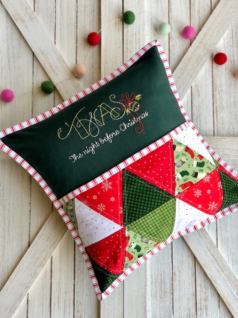 Pdf Christmas pillow pattern, Twas the night pillow, pillow pocket to hold books and cards, green and red quilted decorative pillow pattern image 6
