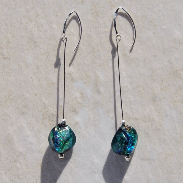 Dichroic glass earrings, sterling silver, blue dichroic glass earrings, blue green glass earrings, radke dichroic beads, glass bead earrings