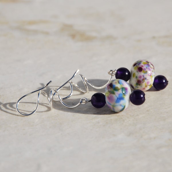 Artisan Lampwork glass earrings, amethyst earrings, sterling earrings, lampwork, amethyst sterling earrings, spiral earrings, funky earrings