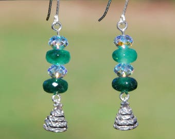 Sterling Silver and emerald christmas tree earrings, sterling silver tree earrings, christmas tree earrings, green xmas earrings, swarovski
