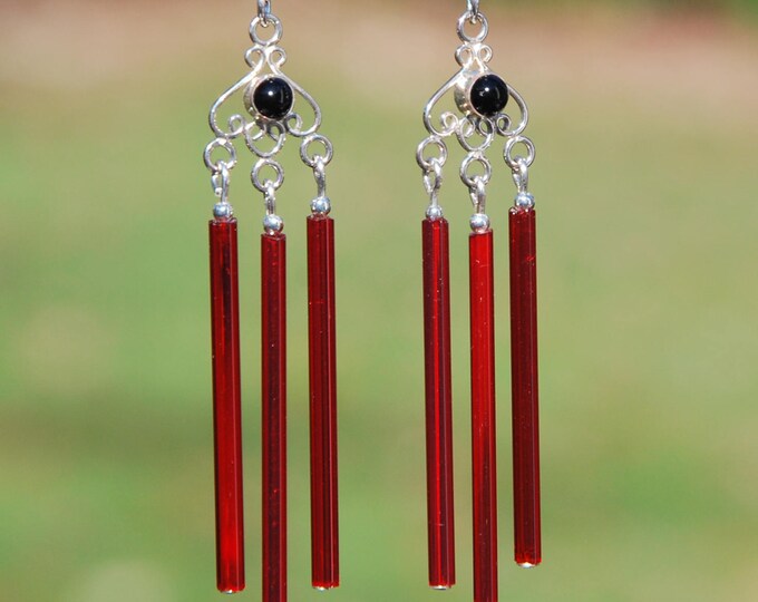 Black Onyx Chandelier Earrings, Vintage Red Glass Chandelier Earrings