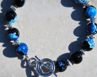 Black and Blue Agate Bracelet, Sterling Silver Bracelet; blue agate bracelet, black agate bracelet, Blue agate and sterling silver bracelet