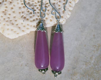 Sterling silver earrings, bali silver earrings, purple quartz earrings, purple teardrop earrings, handmade purple quartz teardrop earrings