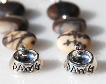 Handmade silver dog bowl earrings. Outback Wood Jasper earrings. dog earrings, Dawg earrings, brown earrings, jasper earrings, dog charms