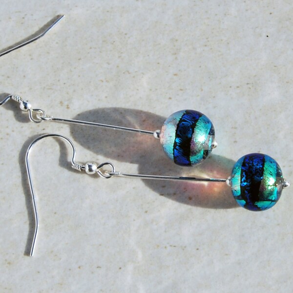 Dichroic blue glass, green glass earrings, sterling silver earrings, blue, green & clear dichroic glass earrings, paula radke dichroic glass