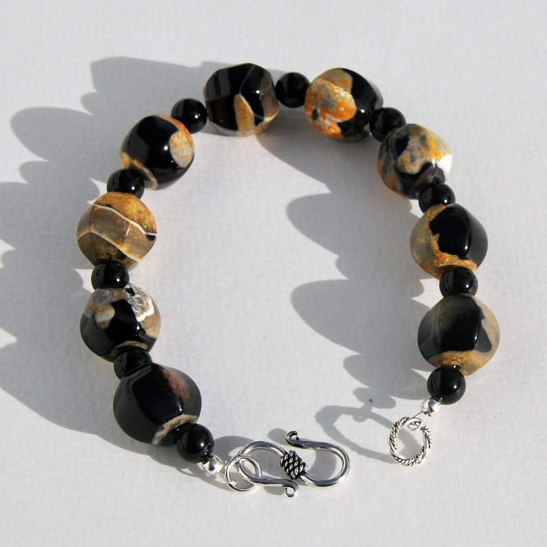 Black Yellow Agate Bracelet, Black Onyx Bracelet orange agate bracelet, sterling bracelet, yellow agate bracelet, pumpkin bead bracelet image 1