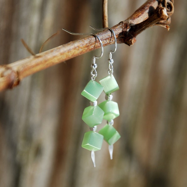 Handmade Celery Green Cats Eye Cube Earrings, Sterling Silver
