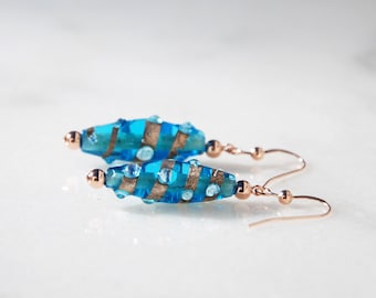 Lampwork Glass Earrings: Blue Gold Swirl, 14K Rose Gold Filled
