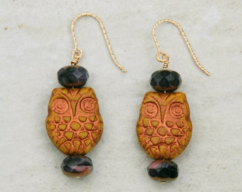 Czech glass owl earrings, gold owl earrings, gold filled earrings, glass owls, purple glass earrings, gold and purple owls, free shipping