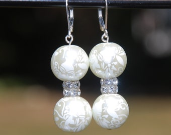 White glass etched floral earrings, swarovski earrings, sterling earrings, lever back glass earrings, wedding earring, bridal earrings, xmas