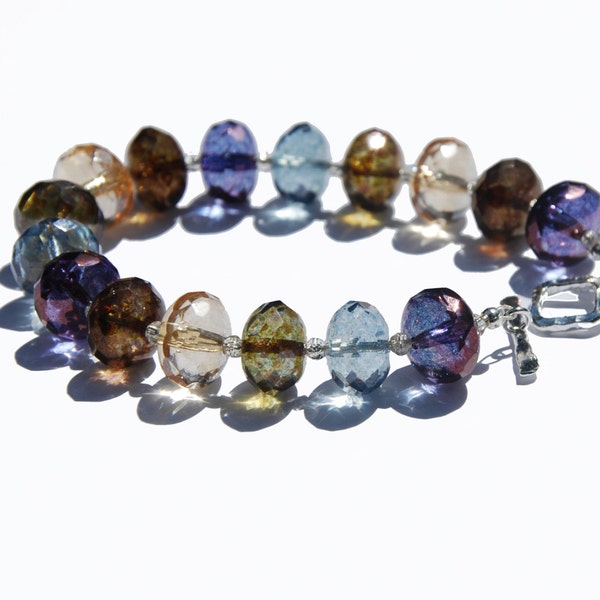 Firepolished faceted Czech glass bracelet; blue, purple, amber, tan bracelet, Hill Tribe clasp, faceted silver bracelet; hammered silver