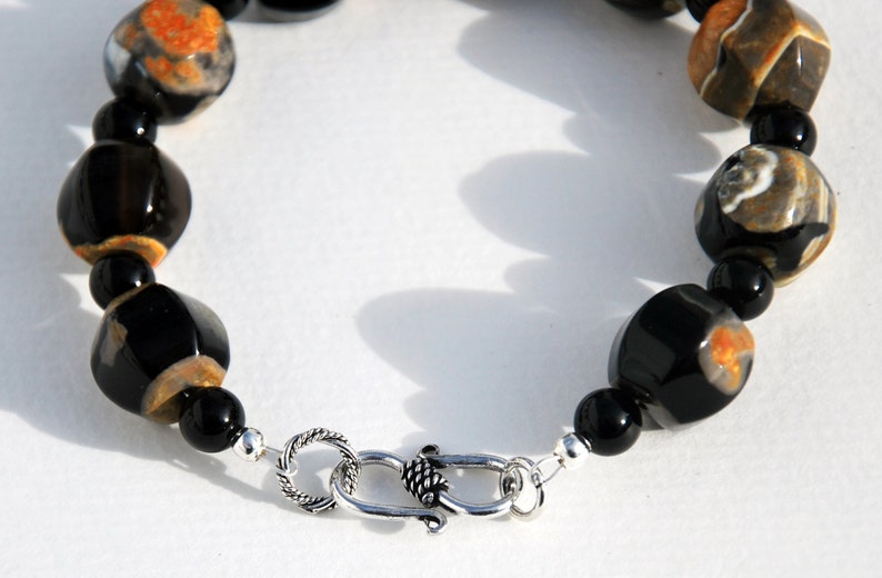 Black Yellow Agate Bracelet, Black Onyx Bracelet orange agate bracelet, sterling bracelet, yellow agate bracelet, pumpkin bead bracelet image 3