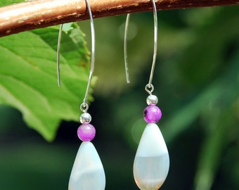 Czech Glass Earrings, Purple Quartz Earrings, Sterling Silver earrings, sterling earrings, white earrings, quartz earrings, glass earrings