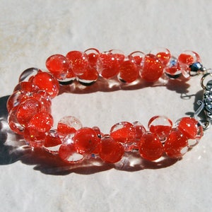 Handmade Red Borosilicate Glass bracelet, lampwork glass bracelet, red orange glass bracelet, red bracelet, orange bracelet, silver clasp image 1