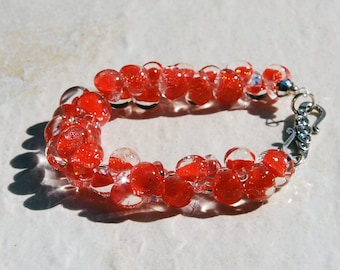 Handmade Red Borosilicate Glass bracelet, lampwork glass bracelet, red orange glass bracelet, red bracelet, orange bracelet, silver clasp
