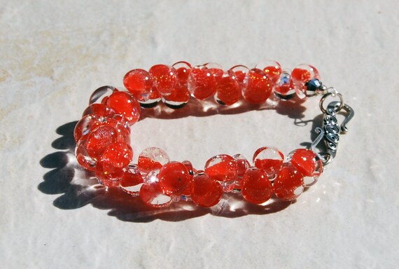Handmade Red Lampwork Glass Bracelet: Sterling Silver Clasp