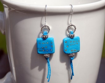 Handmade Teal Lampwork Glass Earrings: Sterling Silver, Bali Silver & Hemp