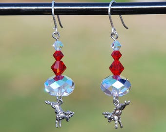 Reindeer earrings, Christmas earrings, Swarovski holiday earrings, sterling earrings, bling earrings, red crystal earrings, sparkle bling