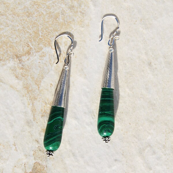 malachite & sterling silver earrings. Malachite earrings, sterling earrings, teardrop malachite earrings, teardrop bali silver earrings