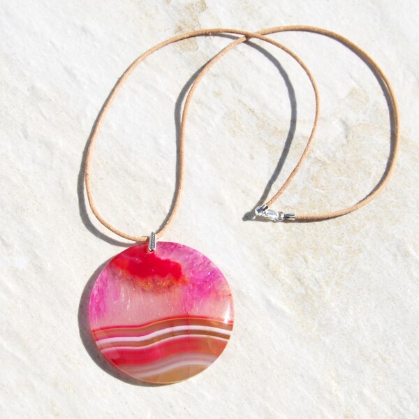 Druzy Agate pendant necklace, sterling leather necklace, magenta tan, white orange pendant, round necklace, natural leather agate necklace,