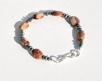 Bird's Eye Rhyolite bracelet, sterling beads, fluted bead bracelet, rhyolite bracelet, sterling silver bracelet, brown bracelet, oxidized