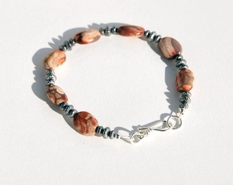 Bird's Eye Rhyolite Bracelet: Oxidized Sterling Silver Fluted Beads