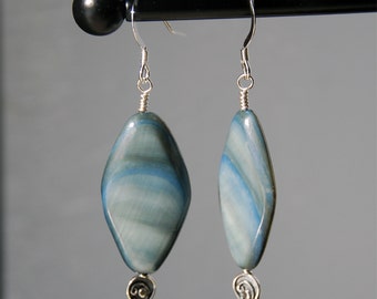 Blue mother of pearl, Grey mother of pearl, sterling silver, bali silver earrings. Handmade blue/grey mother of pearl with silver earrings